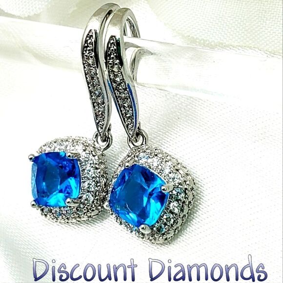 4 Ct Blue Sapphire Baguette White Diamond Earrings 14K White Gold on 925 Silver - Picture 1 of 4